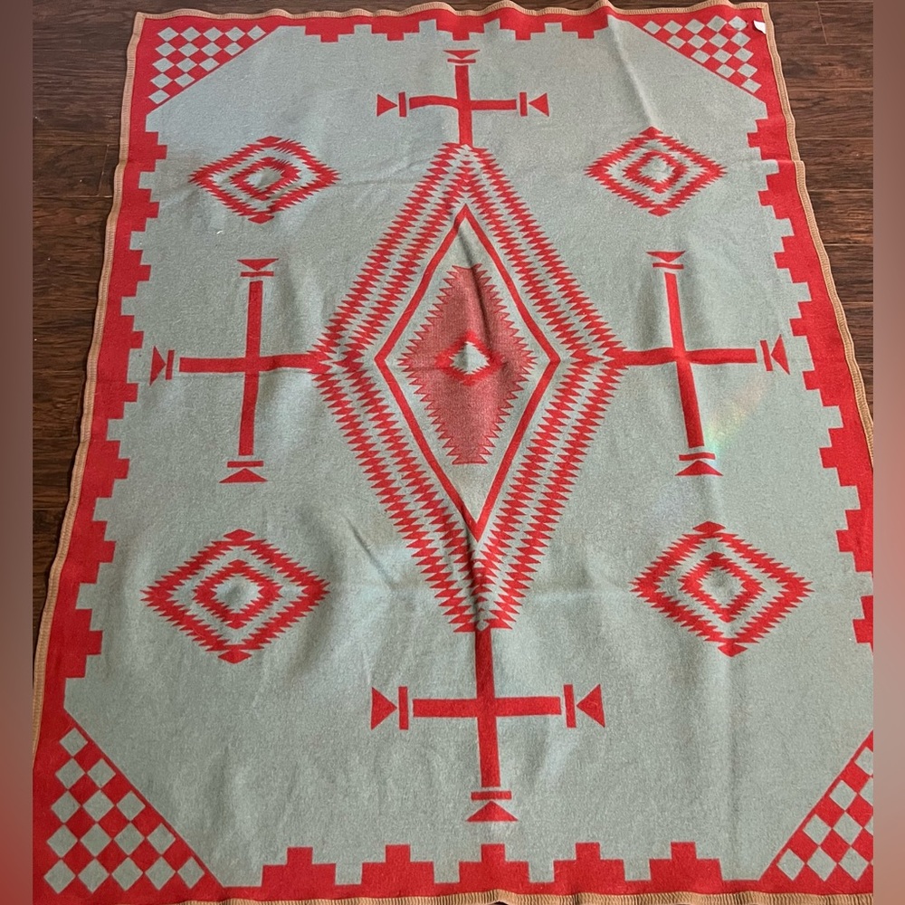 Vintage Pendleton Beaver State Wool Blanket Los Ojos in Coral and Turquoise - Picture 2 of 7